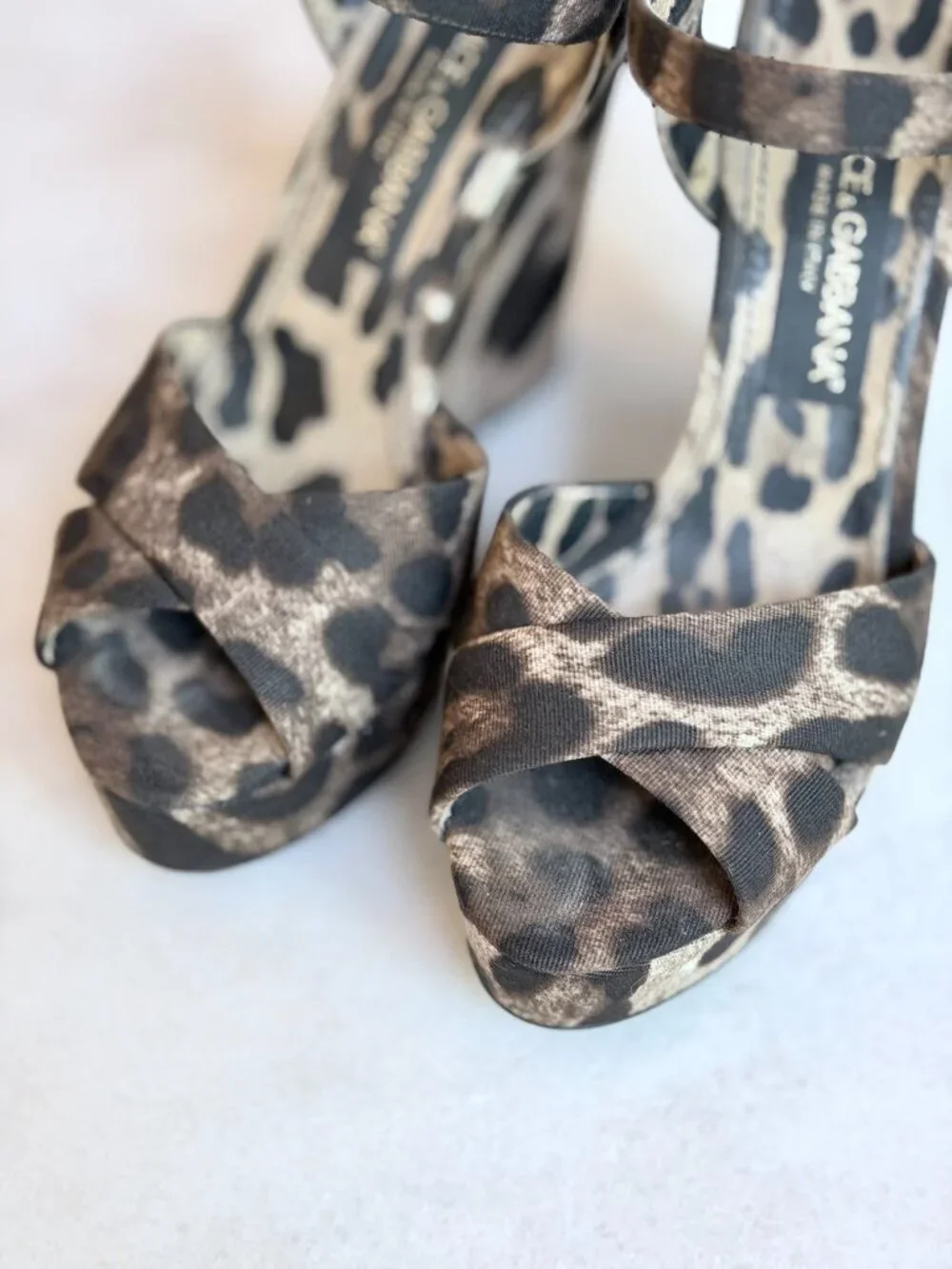 Dolce & Gabbana Leopard Print Canvas Leather Wedge Sandals